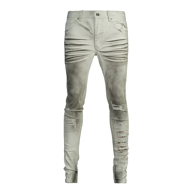 TGFCLUB Sprayed Whisker Washed Hem Zipper Slim Fit Jeans | Face 3 Face
