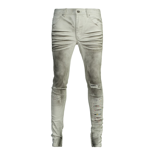 TGFCLUB Sprayed Whisker Washed Hem Zipper Slim Fit Jeans | Face 3 Face