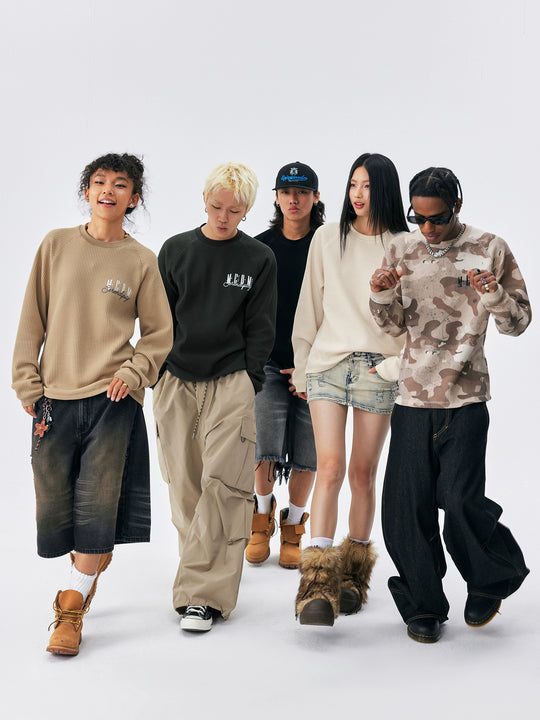 MEDM Logo Embroidered Print Waffle Long Sleeve Tee | Face 3 Face