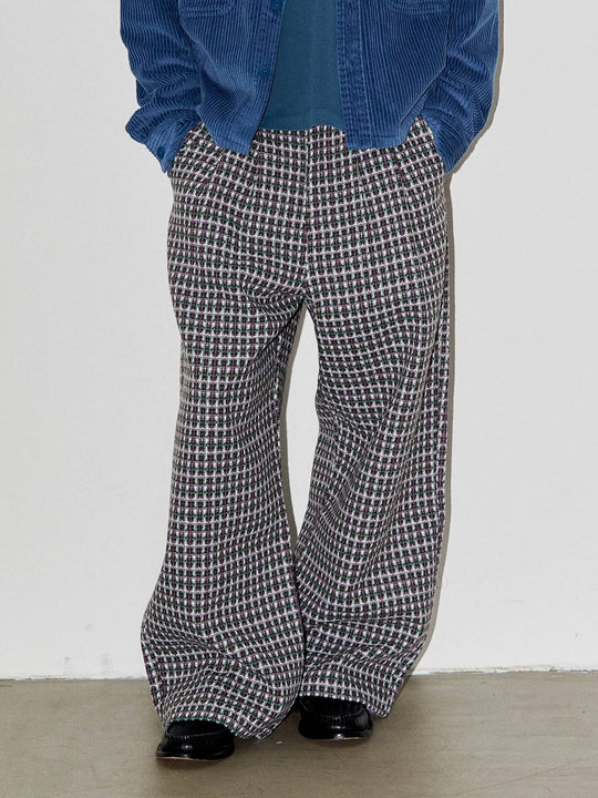 LIBERAFIT Wool Tweed Grid Pattern Pleated Baggy Trousers | Face 3 Face