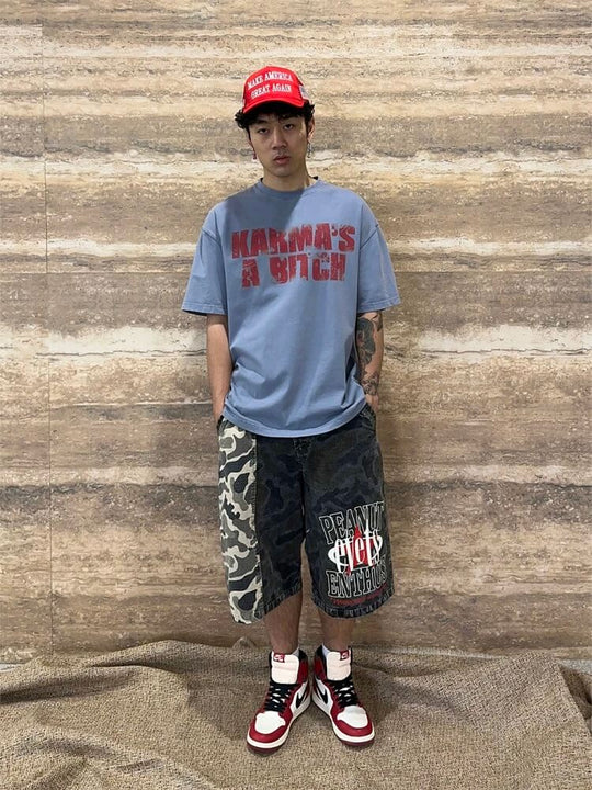 EVETS Washed Faded Camouflage Patchwork Shorts | Face 3 Face