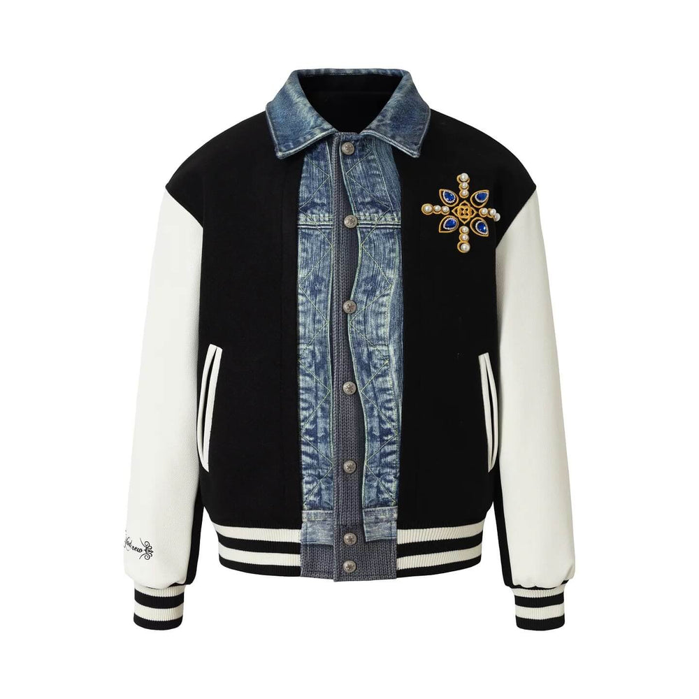 YADcrew Pearl Studded Digital Denim Varsity Jacket | Face 3 Face