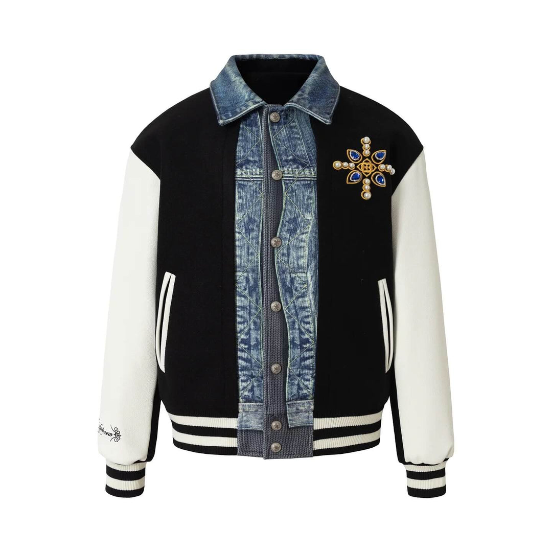 YADcrew Pearl Studded Digital Denim Varsity Jacket | Face 3 Face