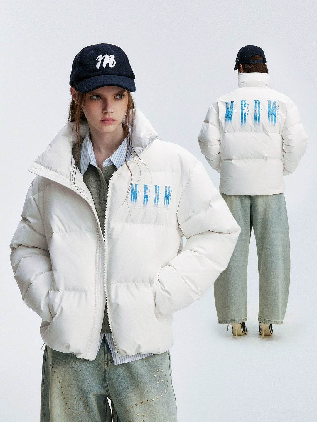 MEDM Rhinestone Studded Logo Down Jacket | Face 3 Face