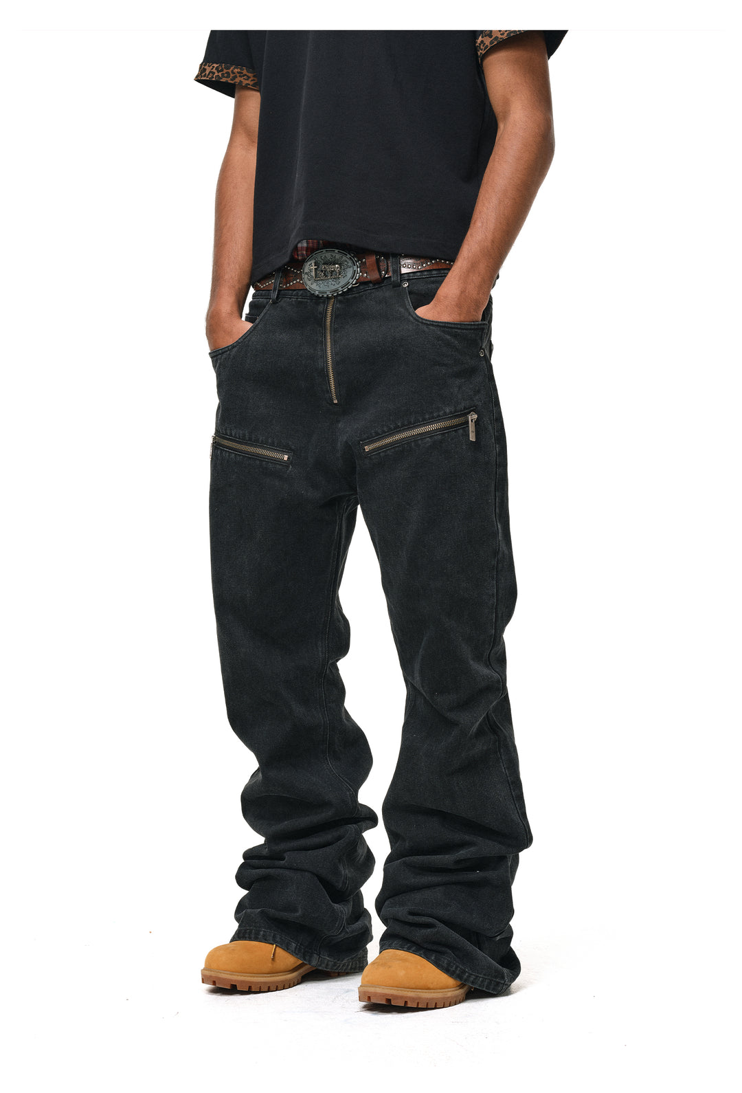 ANTIDOTE Studded Punk Zipper Flared Jeans | Face 3 Face