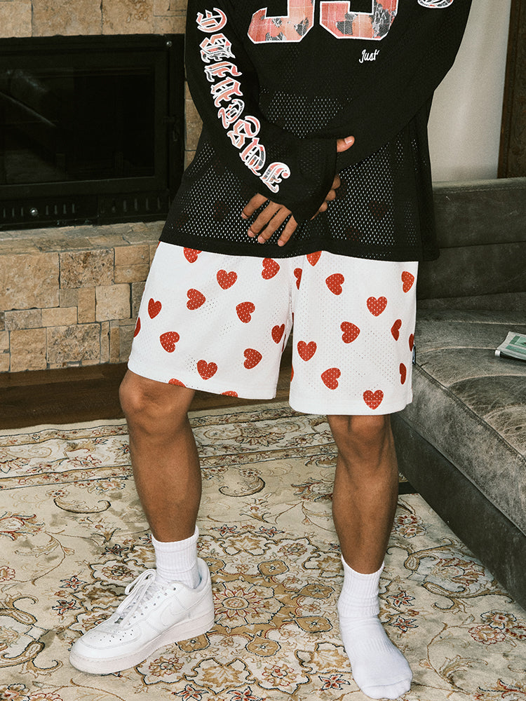 JUST VIBE Allover Love Heart Print Mesh Basketball Shorts | Face 3 Face