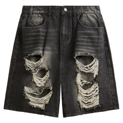 F3F Select Washed Black Broken Holes Denim Short Jeans