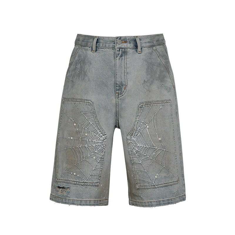 UNTILWERICH Spiderweb Embroidered Washed Distressed Denim Shorts | Face 3 Face