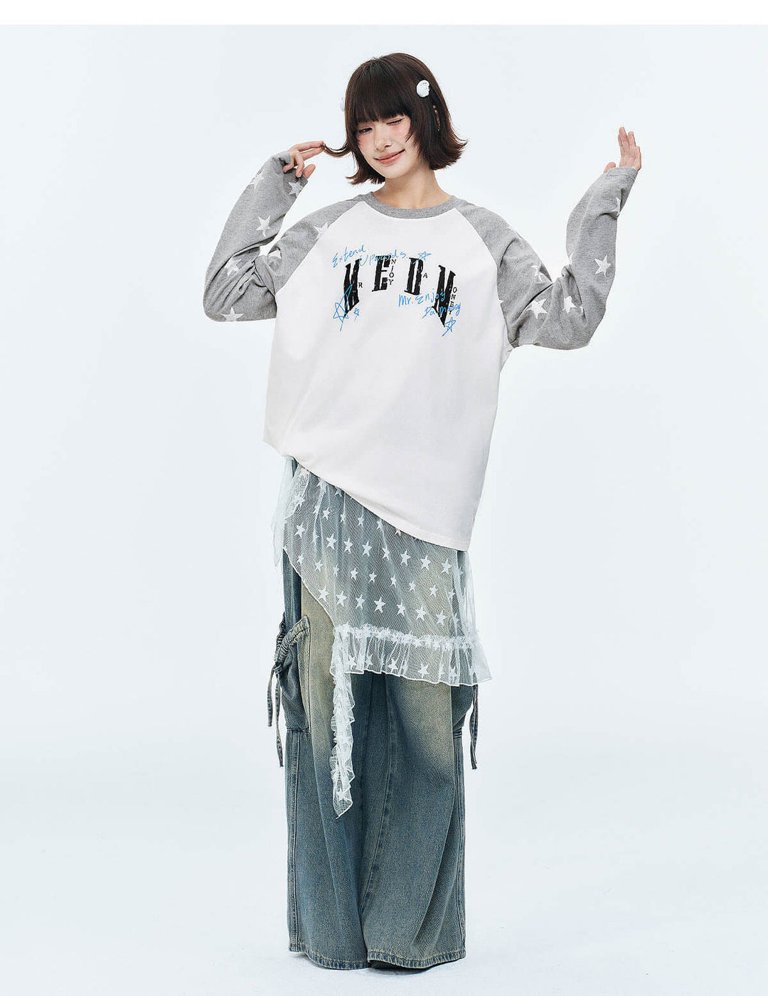 MEDM Star Print Raglan Long Sleeve Tee | Face 3 Face