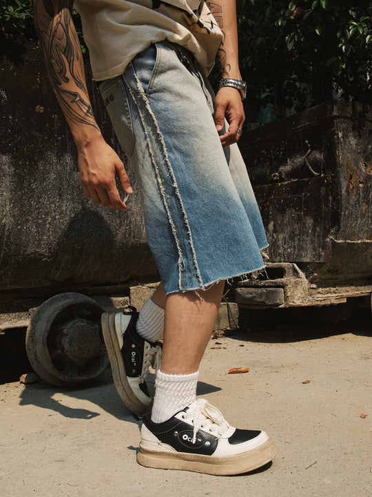 S45 Washed Gradient Double Raw Edge Denim Shorts | Face 3 Face