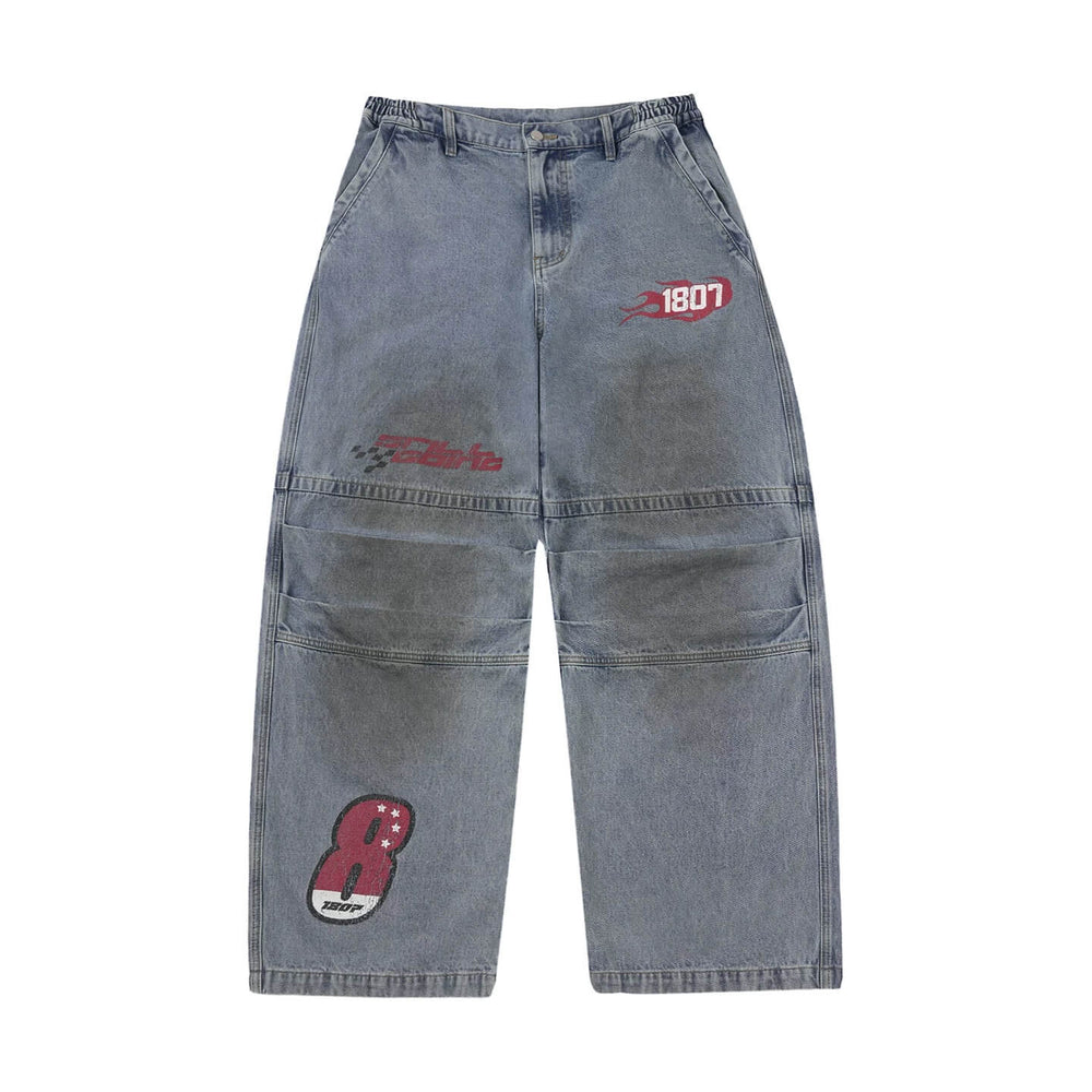 1807 Racing Crackle Print Washed Baggy Jeans | Face 3 Face