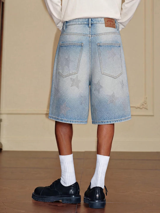 YADcrew All Over Star Rhinestone Washed Denim Shorts | Face 3 Face