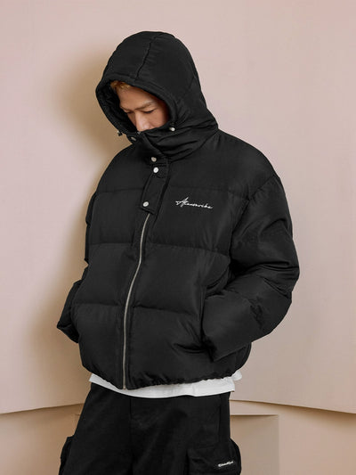 Harsh and Cruel Handwritten Embroidery Hooded Down Jacket | Face 3 Face