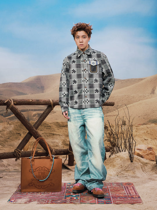 YADcrew Ethnic Pattern Plaid Long Sleeve Shirt | Face 3 Face