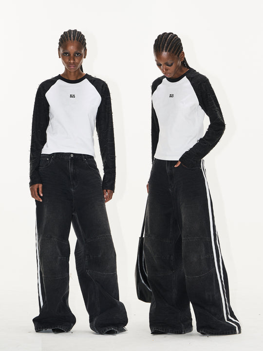 BLIND NO PLAN Washed Distressed Color-Blocked Striped Baggy Jeans | Face 3 Face