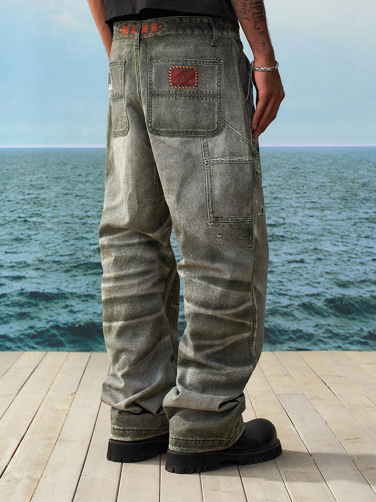 YADcrew Needle Stitch Hole Double Knee Print Jeans | Face 3 Face