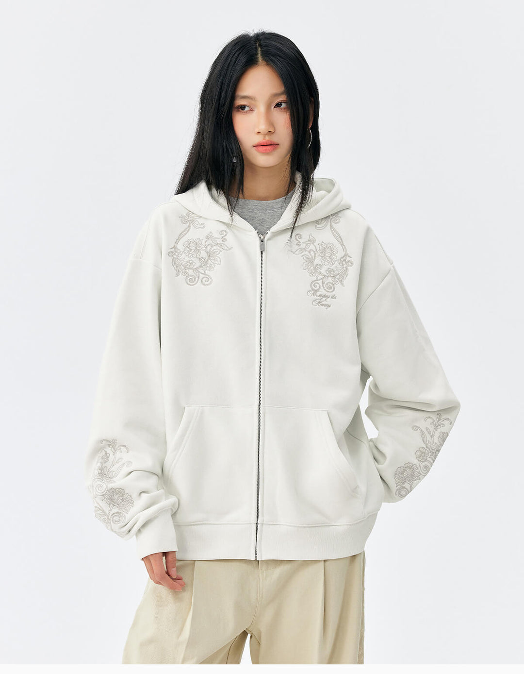 MEDM Patterned Flower Embroidered Zip Up Hoodie | Face 3 Face