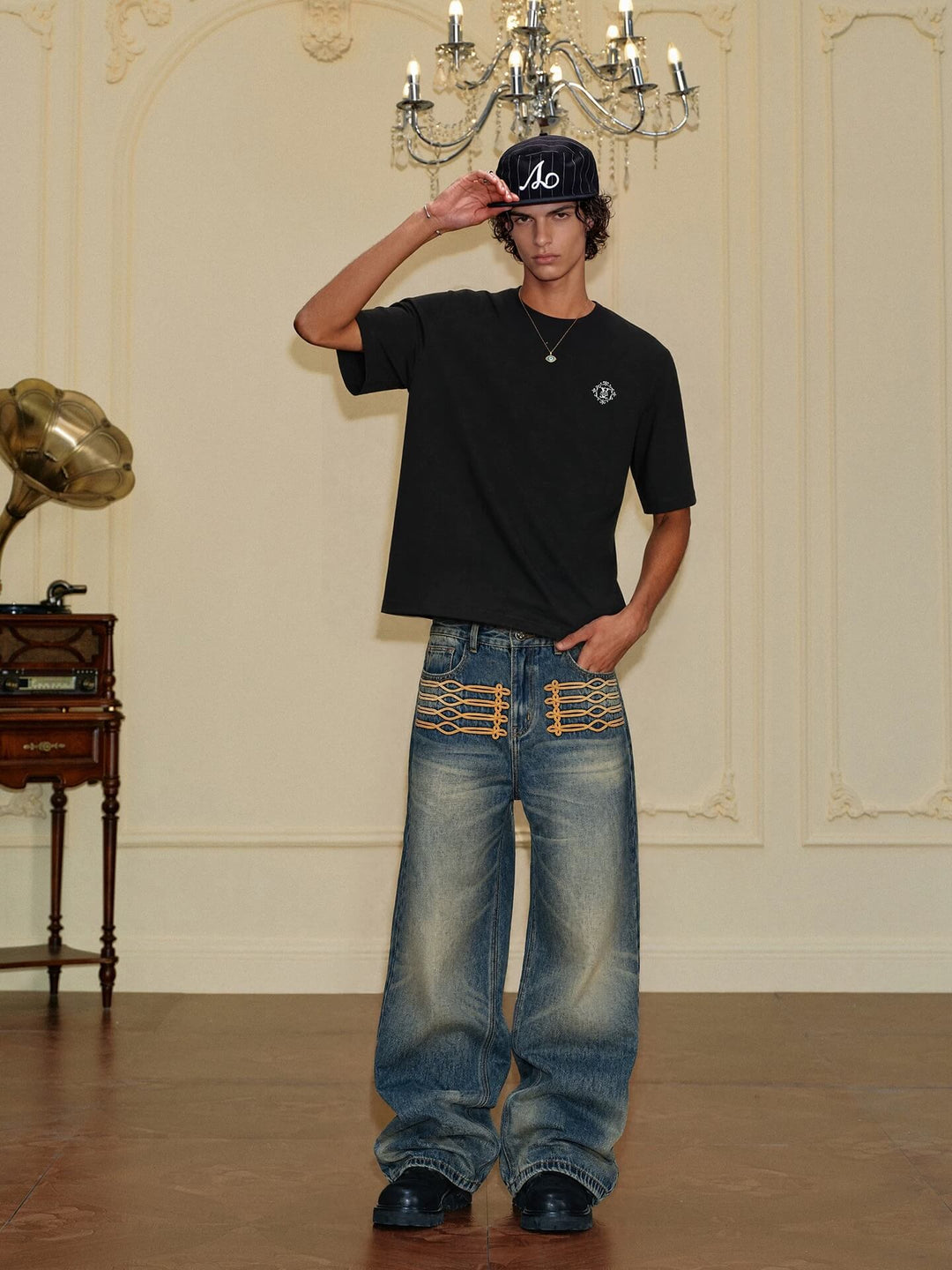 YADcrew Braid Embroidered Washed Loose Fit Jeans | Face 3 Face
