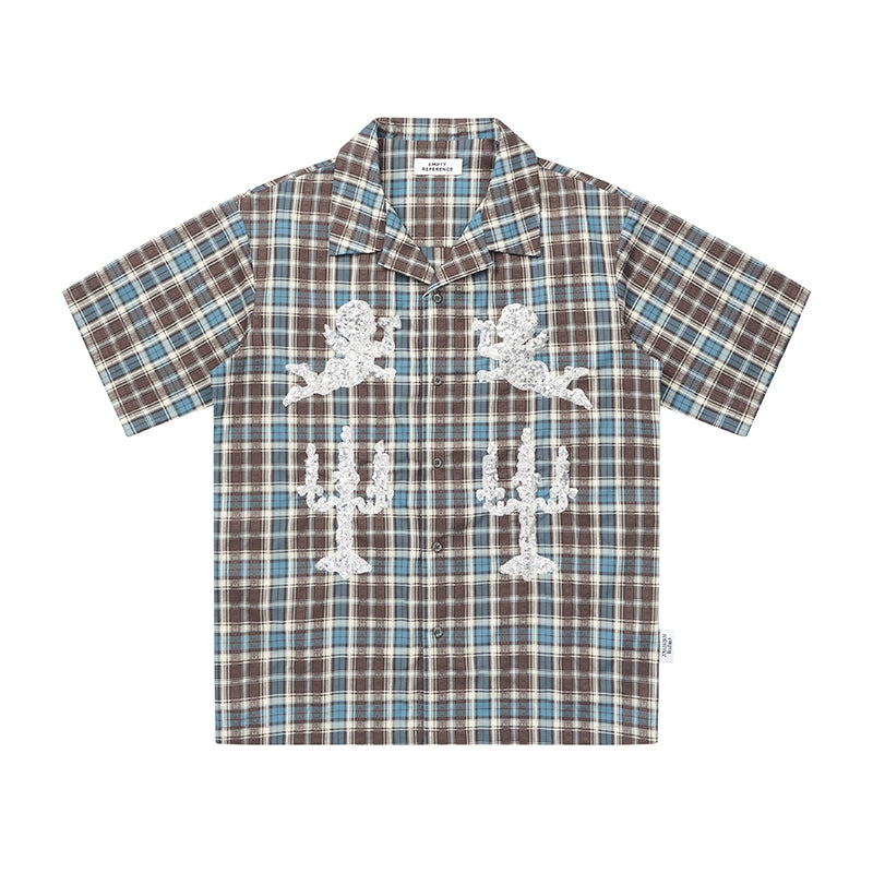EMPTY REFERENCE Angel and Candlestick Sequin Plaid Short Sleeve Shirt | Face 3 Face