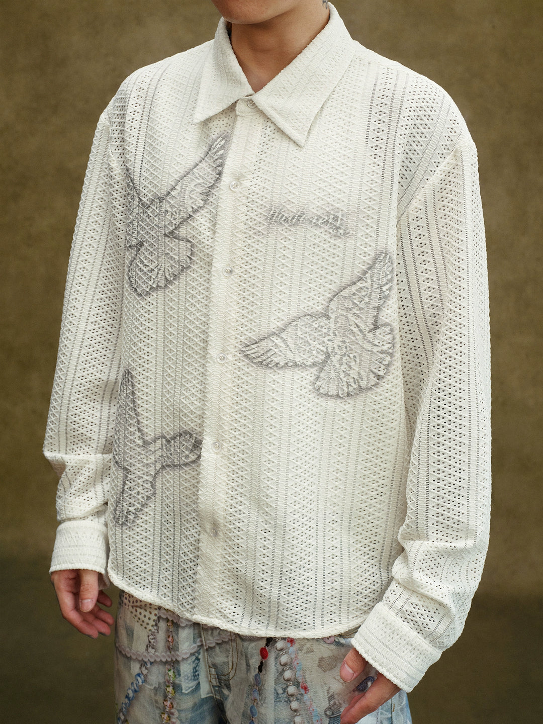 YADcrew Peace Dove Hollow Mesh Long Sleeve Shirt | Face 3 Face