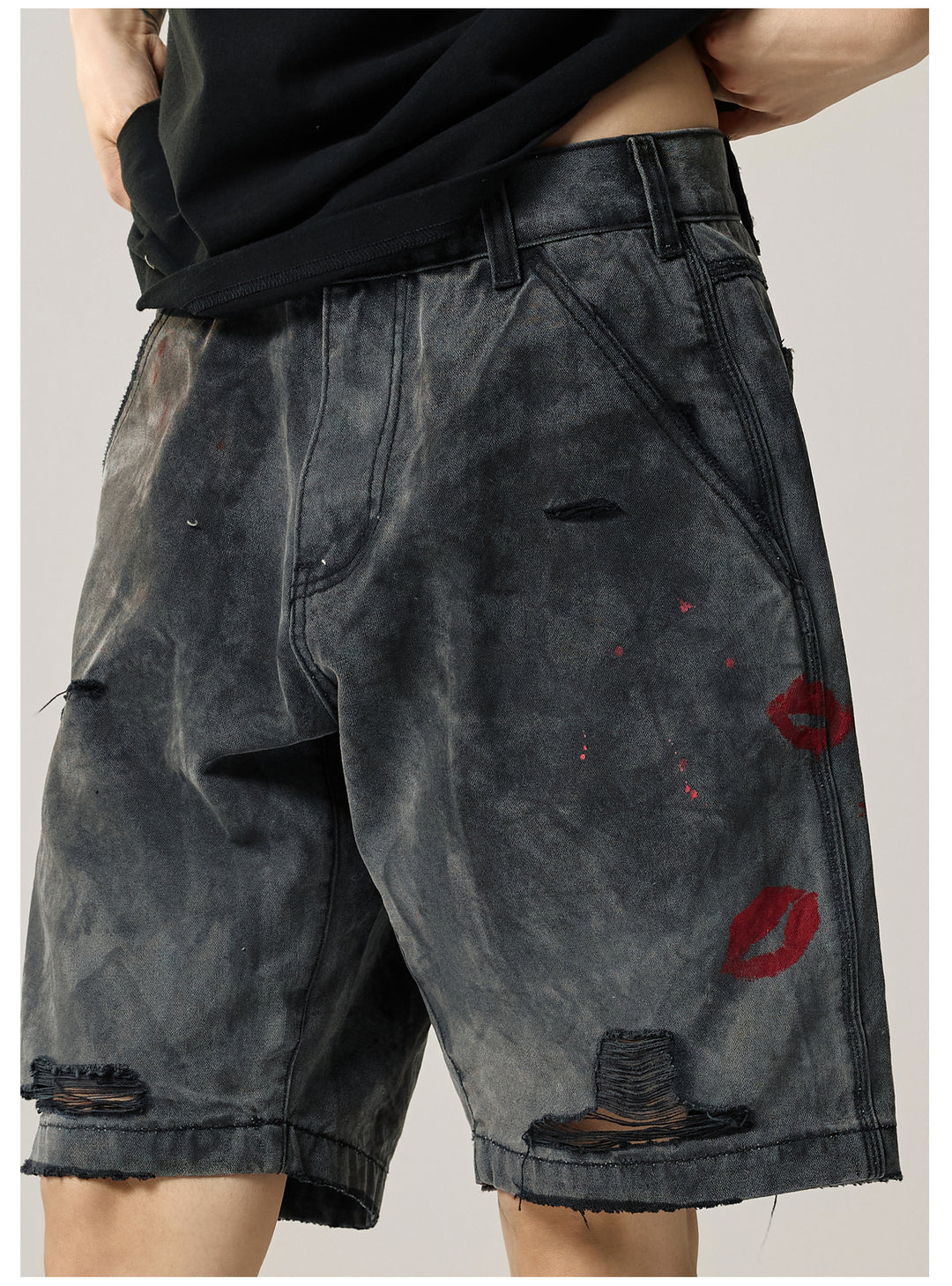 Remedy Kiss Mark Distressed Hole Work Painter Shorts | Face 3 Face