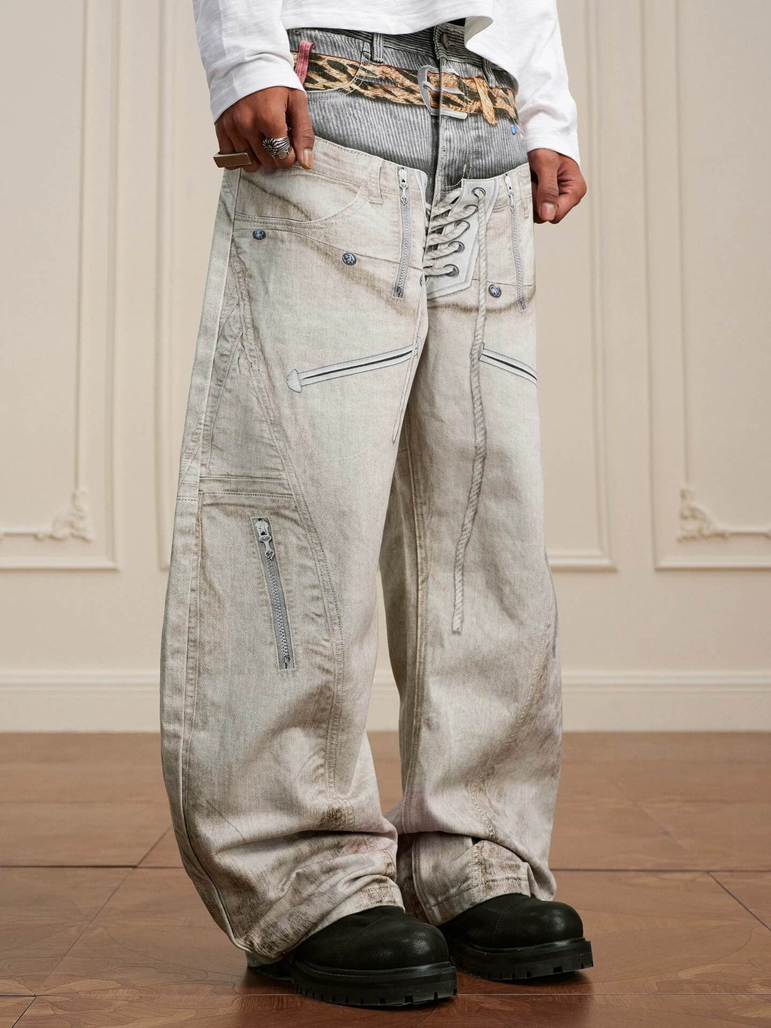 YADcrew Leopard Belt Double Waist 3D Digital Print Machete Jeans | Face 3 Face