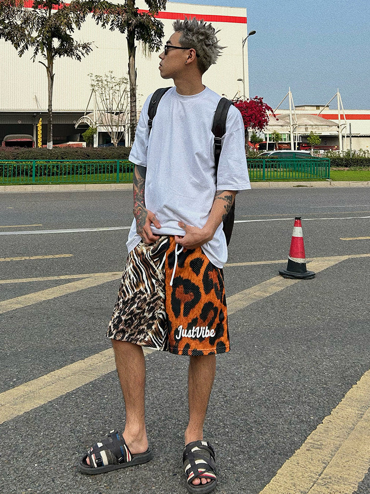 JUST VIBE Asymmetric Leopard Mesh Basketball Shorts | Face 3 Face