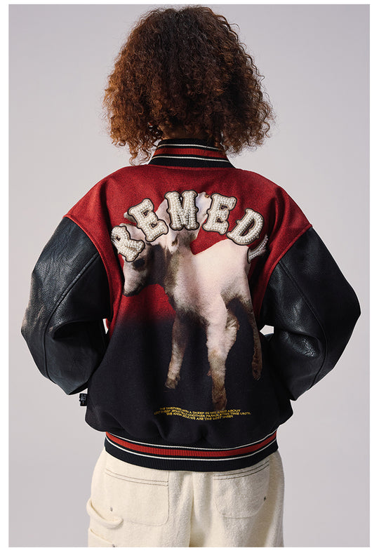 Remedy Sheep Full Print Pearl Embroidered Varsity Jacket | Face 3 Face