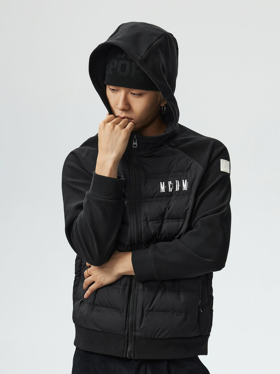 MEDM Patchwork Raglan Sleeve Lightweight Hooded Down Jacket | Face 3 Face