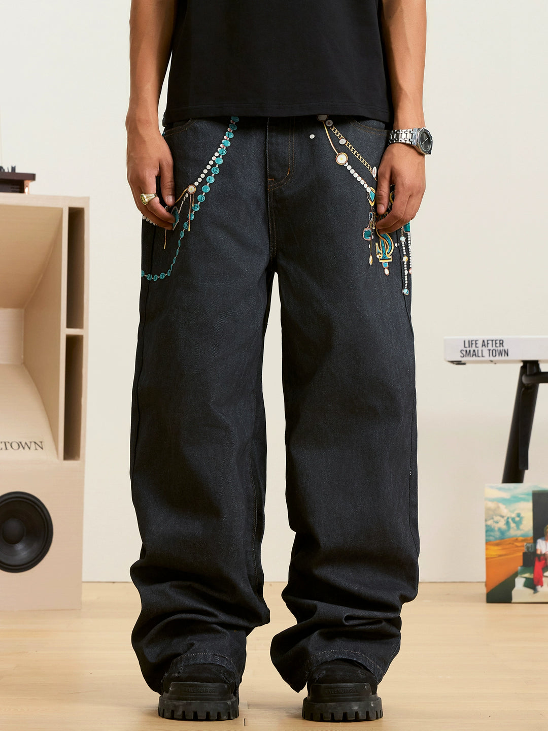 Small Town Kid Turquoise Pearl Chain 3D Printed Jeans | Face 3 Face