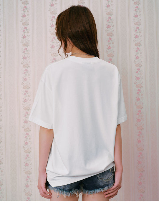 MEDM Distressed Denim Logo Patch Studded Short Sleeve Tee | Face 3 Face