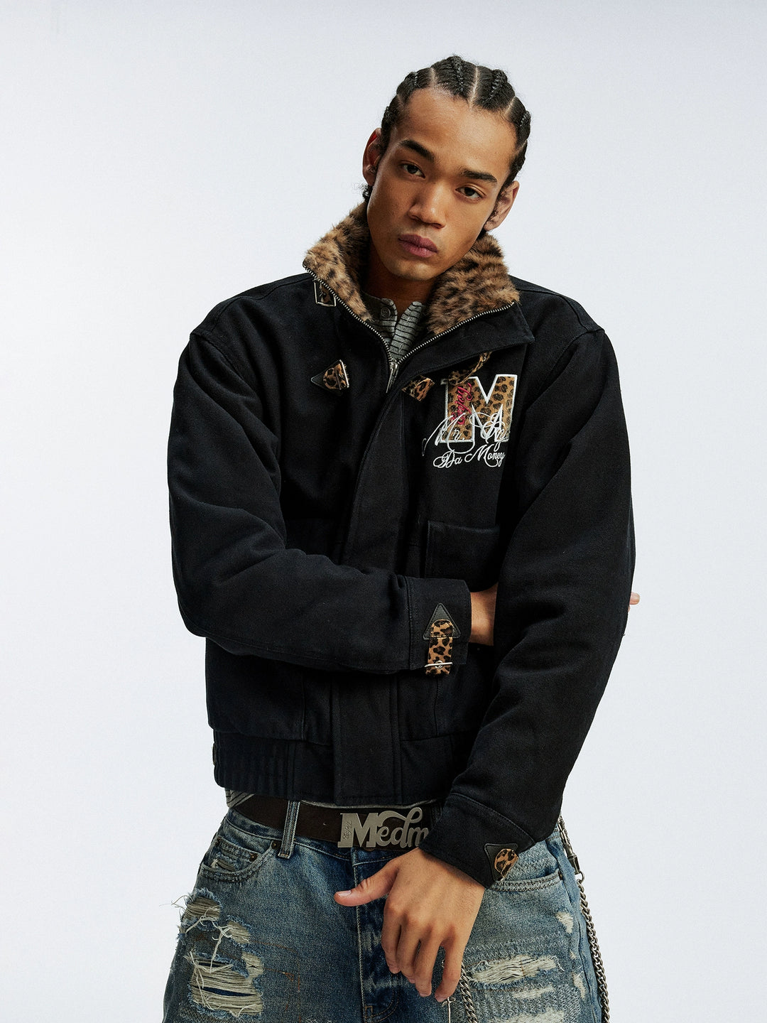 MEDM Leopard Collar Belted Work Jacket | Face 3 Face