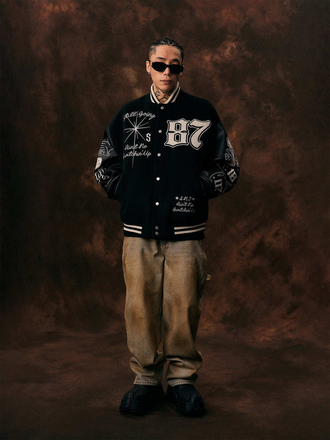 1807 Patchwork Embroidery Leather Varsity Jacket | Face 3 Face