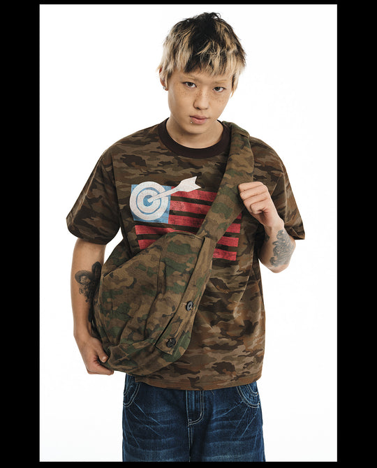 NOVACAM Washed Backstitch Vintage Print Black & Camouflage Tee | Face 3 Face