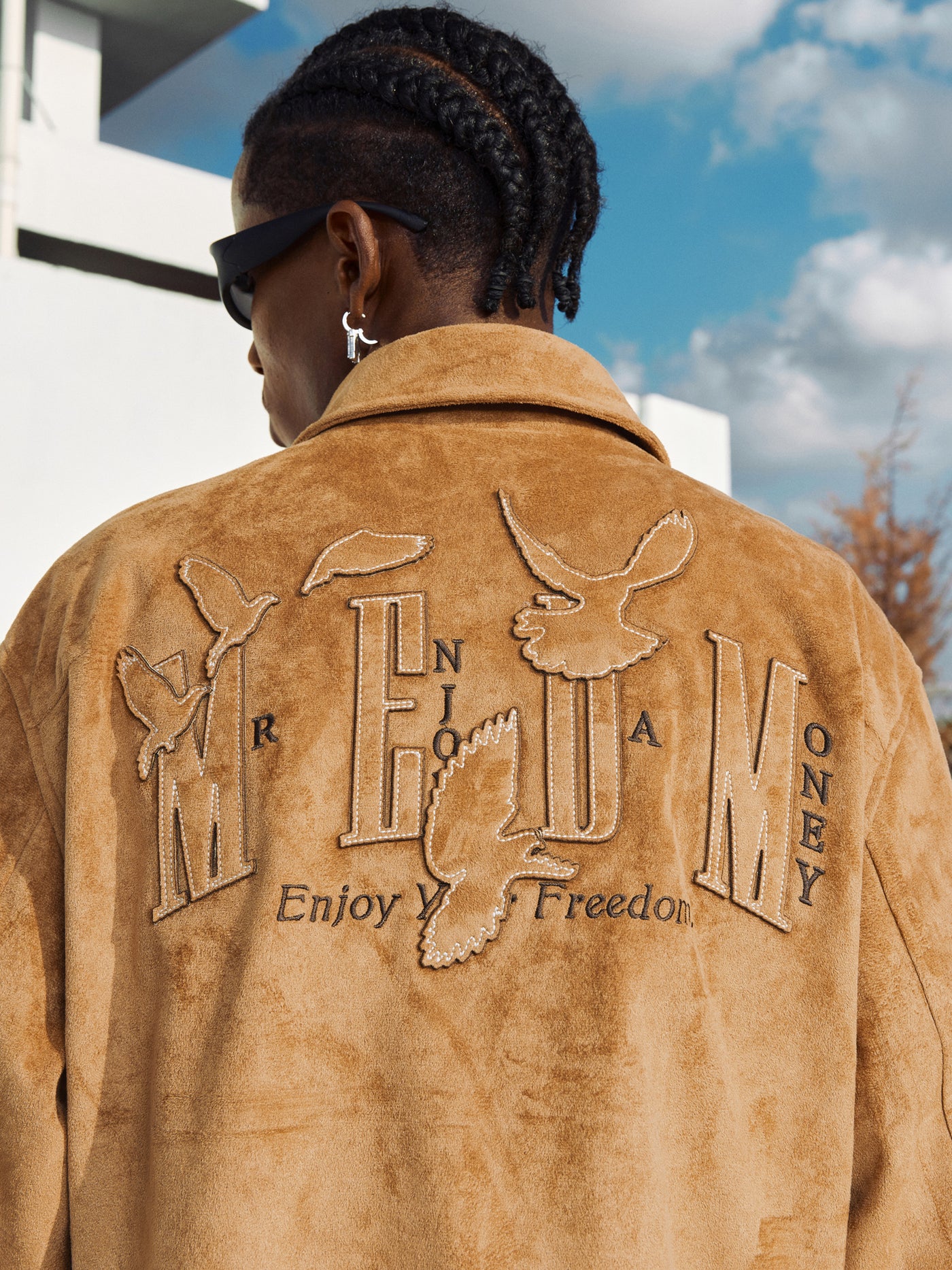 MEDM Patch Embroidered Dove Suede Jacket | Face 3 Face