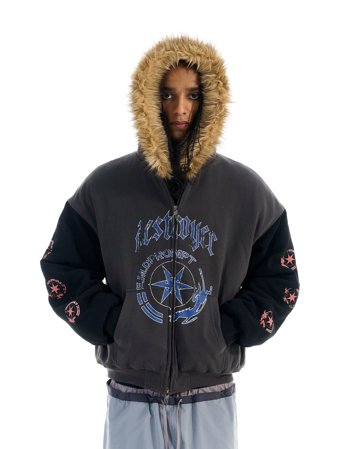 BLIND NO PLAN Color Block Fur Hood Padded Jacket | Face 3 Face