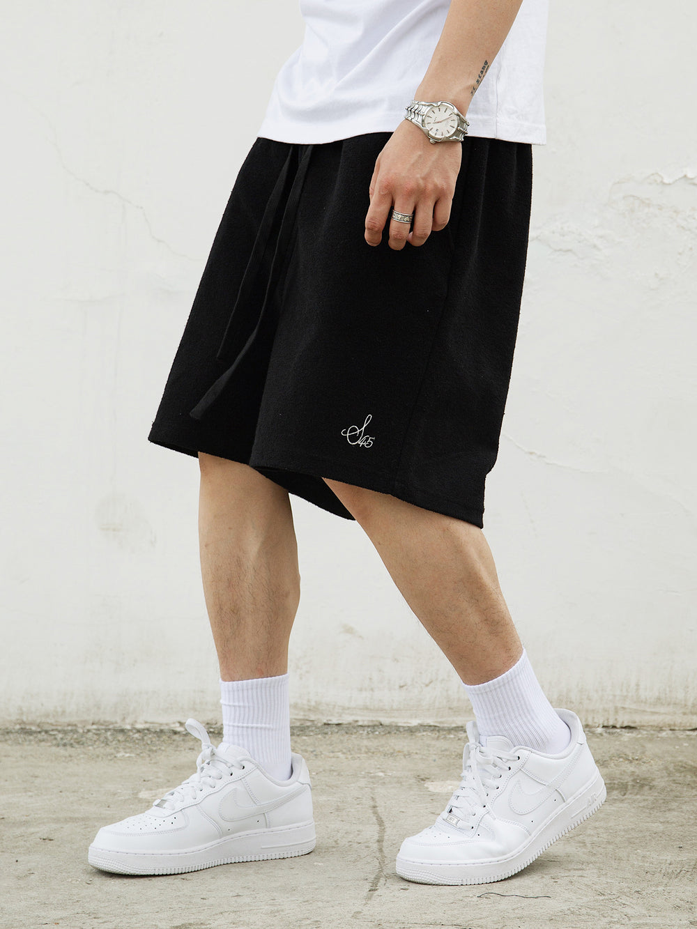 S45 Terry Drawstring Embroidered Logo Solid Color Sports Shorts | Face 3 Face