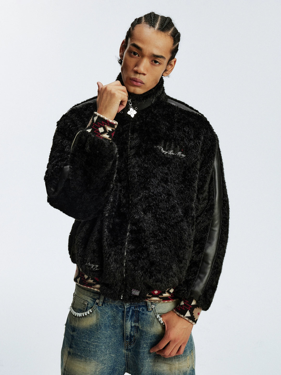 MEDM Ethnic Trim Belted Sherpa Jacket | Face 3 Face