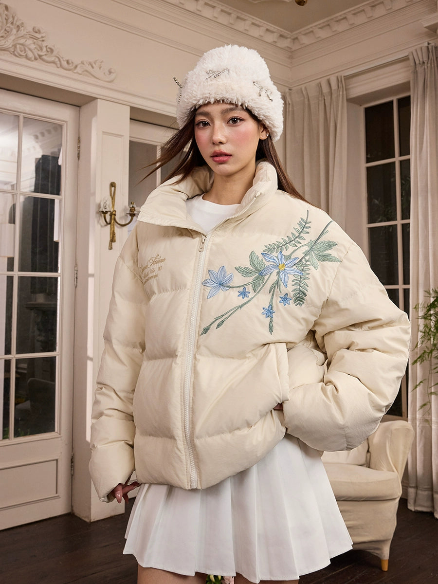 Harsh and Cruel Blue Flower Embroidery Puffer Jacket | Face 3 Face