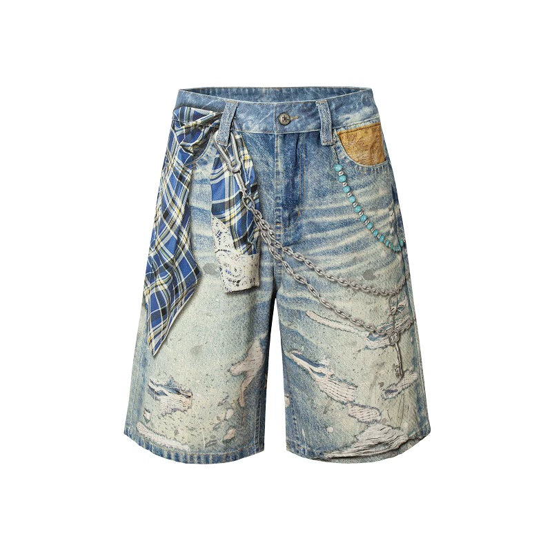 YADcrew Plaid Shirt Chain Photorealistic Print Denim Shorts | Face 3 Face