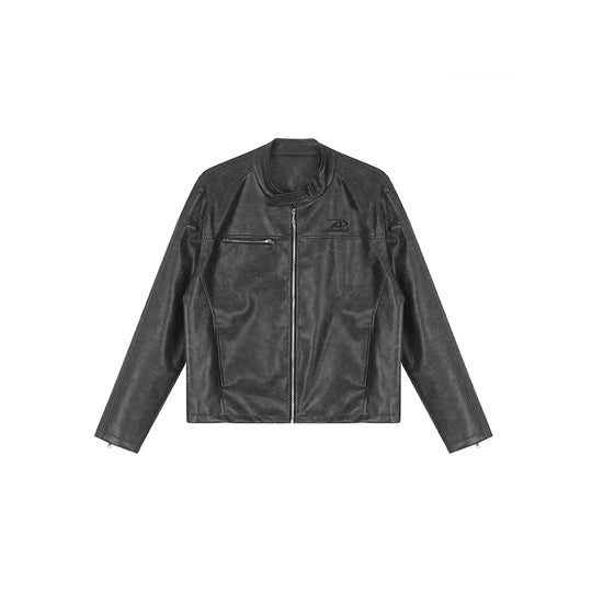 Achock Logo Embroidered Leather Short Motorcycle Jacket | Face 3 Face