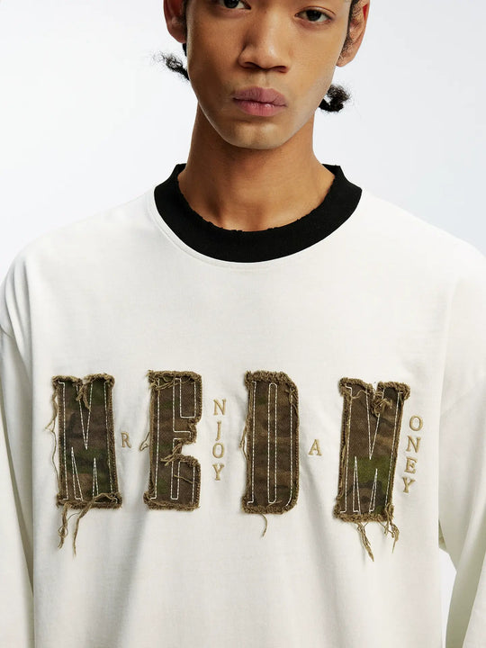 MEDM Frayed Logo Patch Washed Distressed Long Sleeve Tee | Face 3 Face