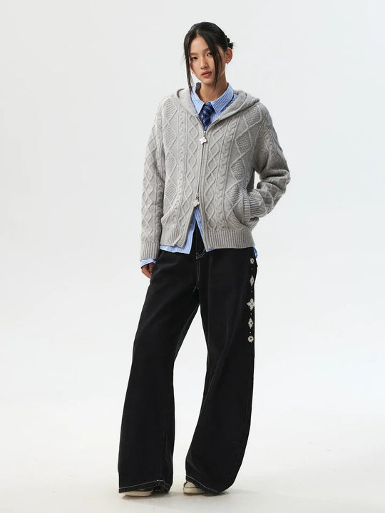 MEDM Hooded Cable Knit Zip Up Cardigan | Face 3 Face