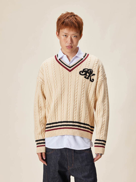EVILKNIGHT(EK) Logo Cable Knit V Neck Sweater | Face 3 Face