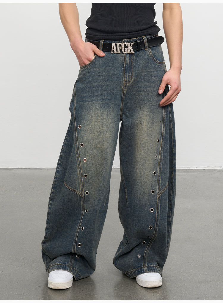 AFGK Metal Grommet Patchwork Washed Baggy Jeans | Face 3 Face