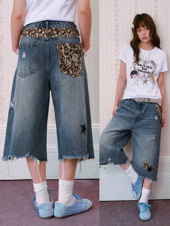 MEDM Leopard Print Star Patch Cutoff Denim Shorts | Face 3 Face