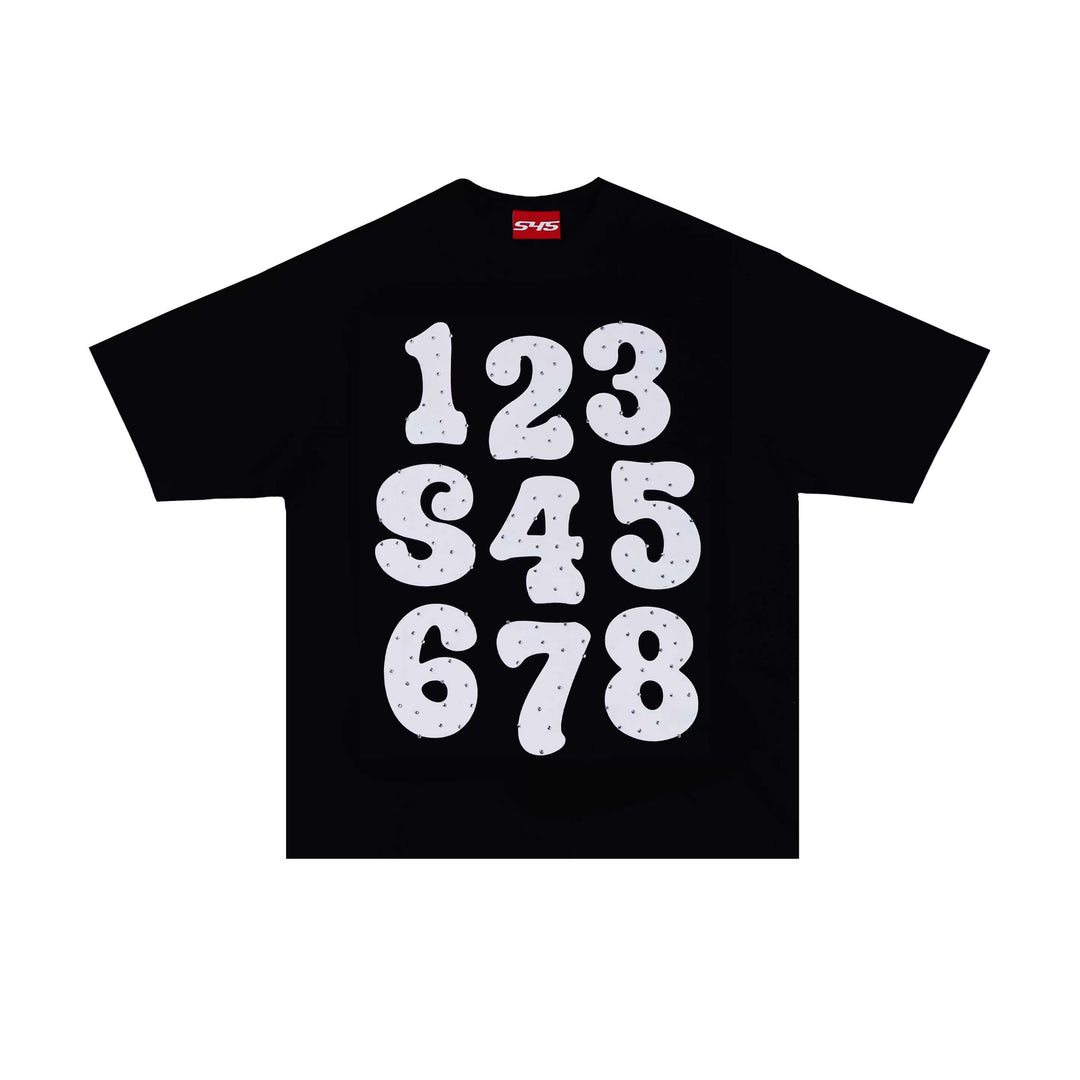 S45 Number Print Rhinestone Short Sleeve Tee | Face 3 Face