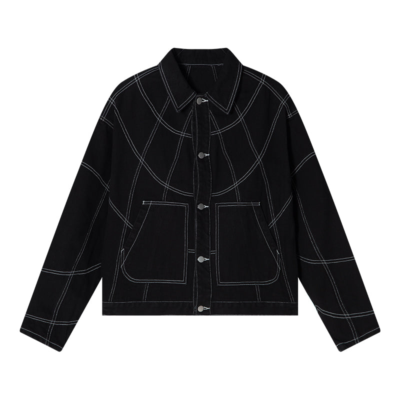 AFGK Patchwork Black Stitching Plaid Lapel Denim Jacket