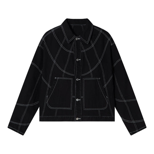 AFGK Patchwork Black Stitching Plaid Lapel Denim Jacket