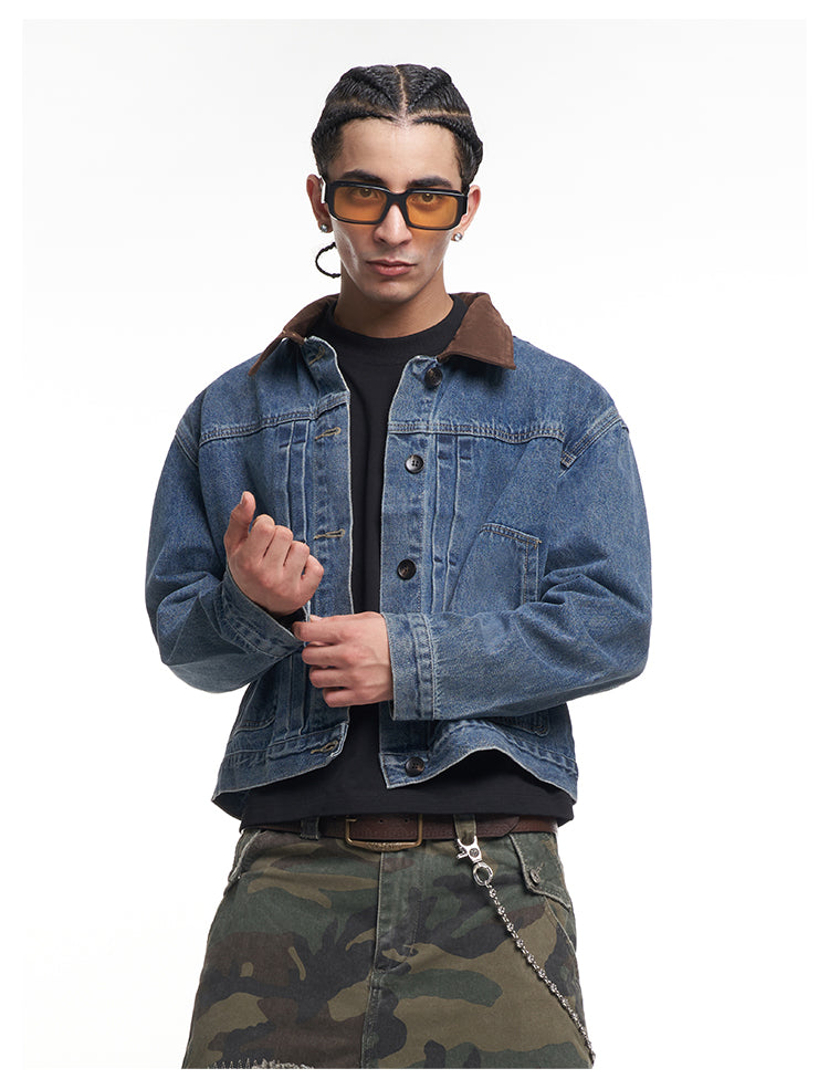 F3F Select Suede Lapel Washed Denim Jacket | Face 3 Face
